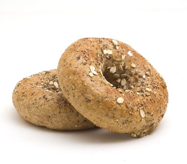 Close photo of two 12 grain bagels